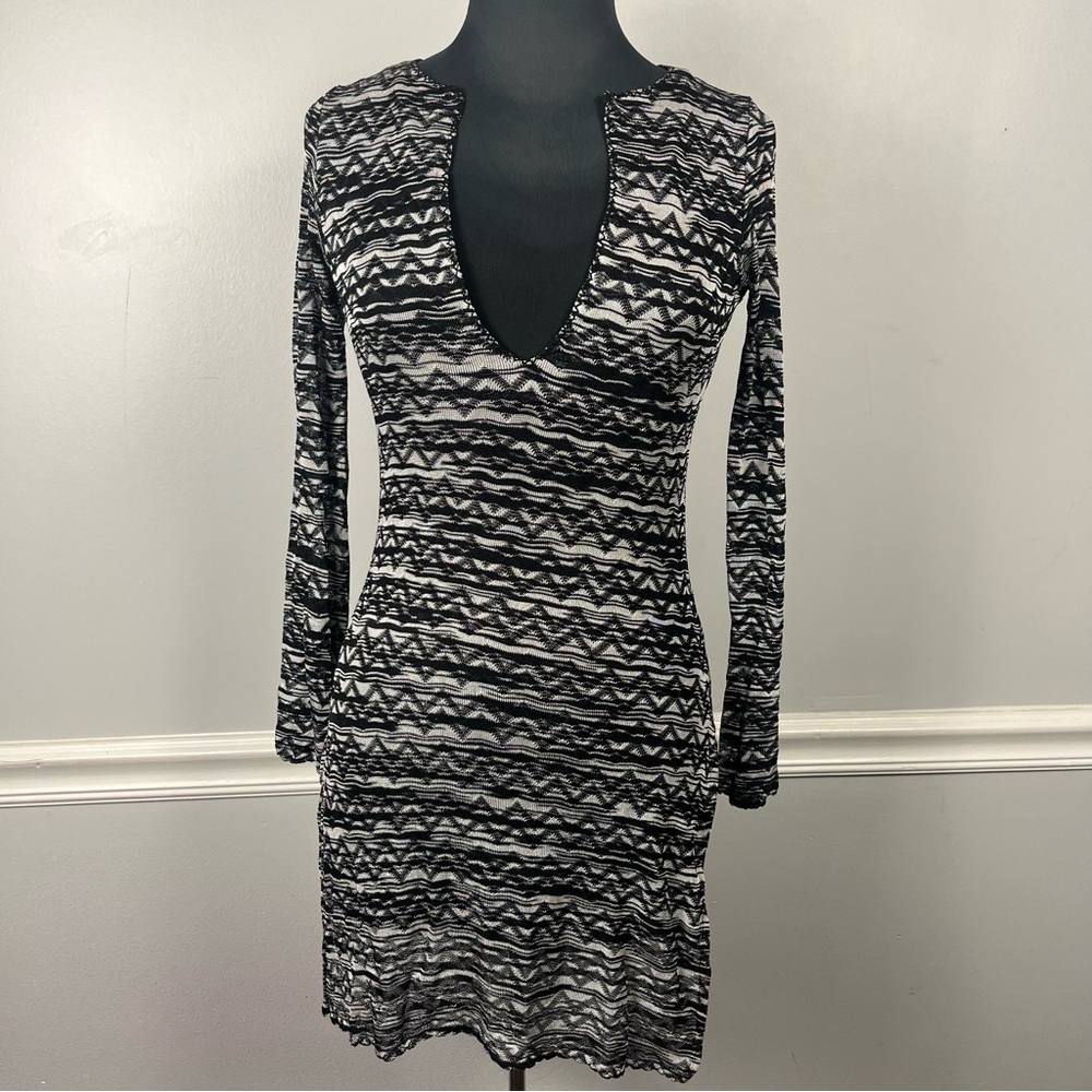 MISSONI Gray Geometric Printed Knit Bodycon V-neck Stretch Short Tunic Dress 2